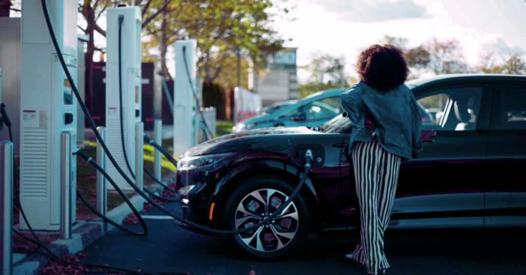 a family taking a road trip in their electric car