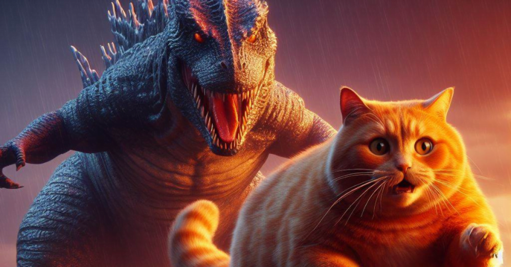 fearful orange fat cat chased by godzila fantasy. 4k ultra, 3d rialistic