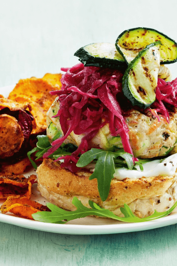 Low-Cal Chicken Burgers With Sweet Potato and Beetroot Chips