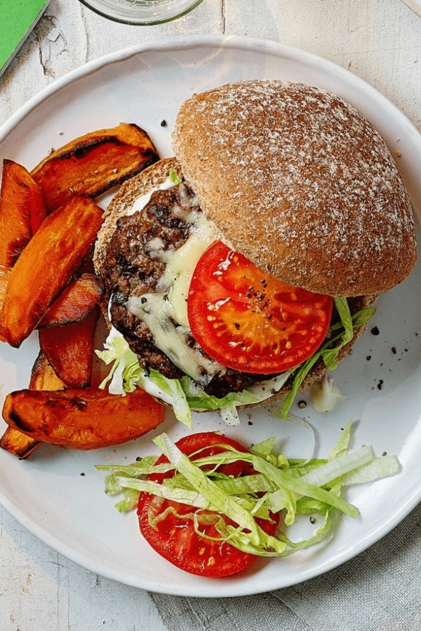 Open Burger With Sweet Potato Chips