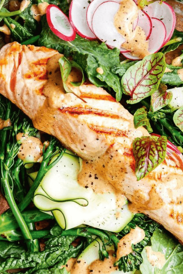 Healthy Salmon and Zucchini Salad With Almond Dressing