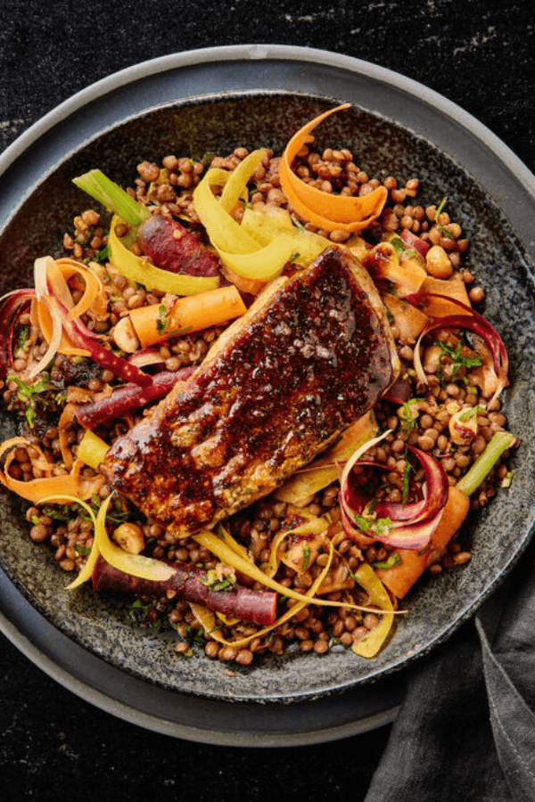 Barramundi With Pumpkin, Carrots, and Lentils