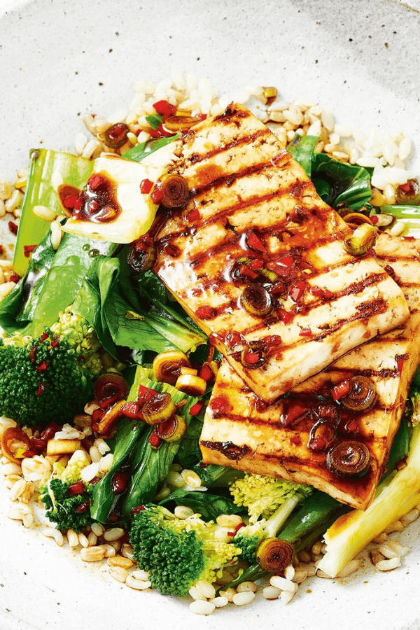 Grilled Tofu With Brown Rice, Asian Greens, and Chili Sesame Dressing