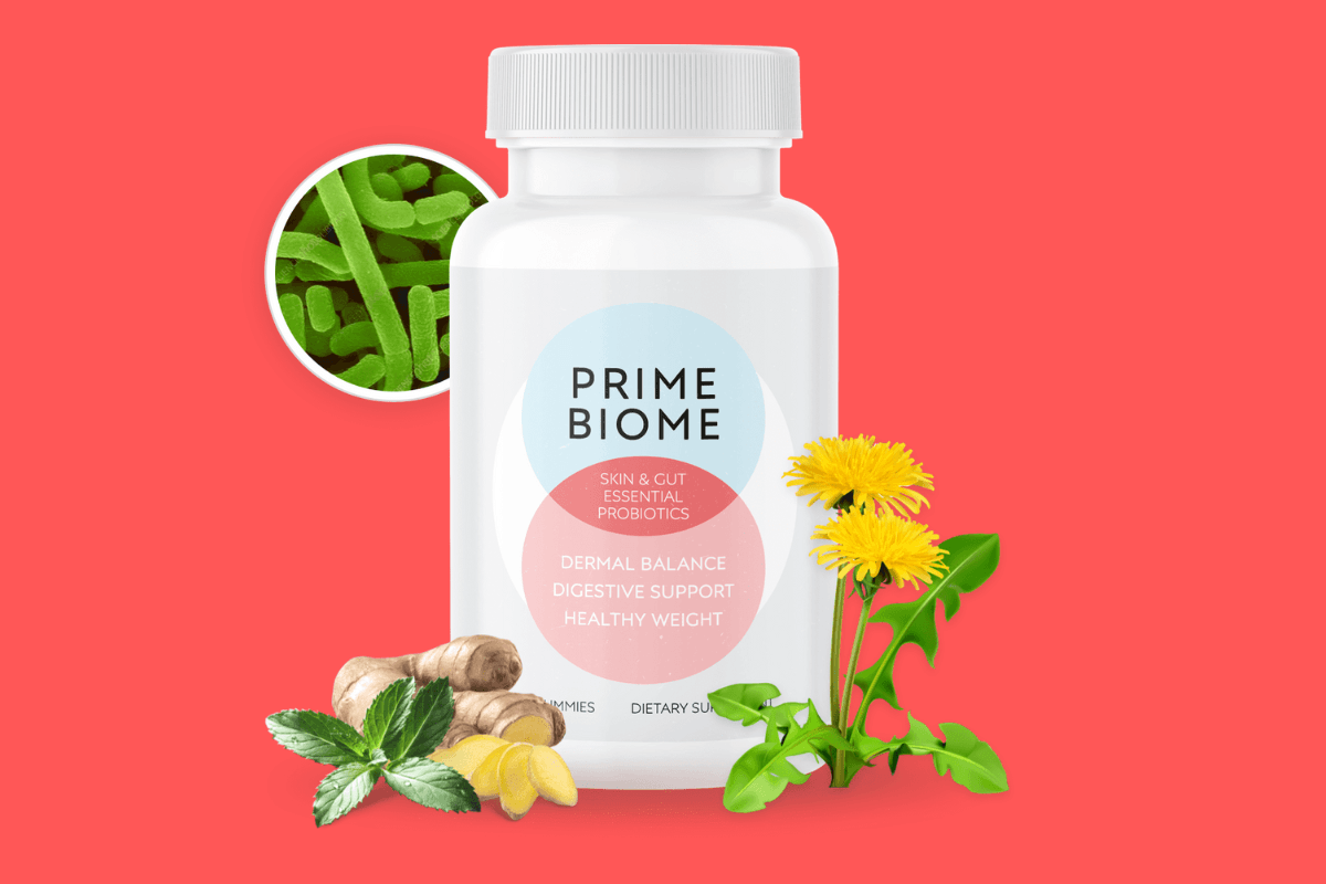 Bottle of PrimeBiome probiotic gummies supplement for gut and skin health.