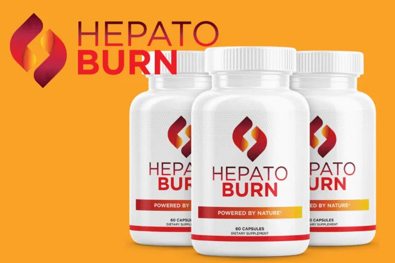 hree white HepatoBurn bottles with red caps and multi‑color gradient label displaying the HepatoBurn logo.