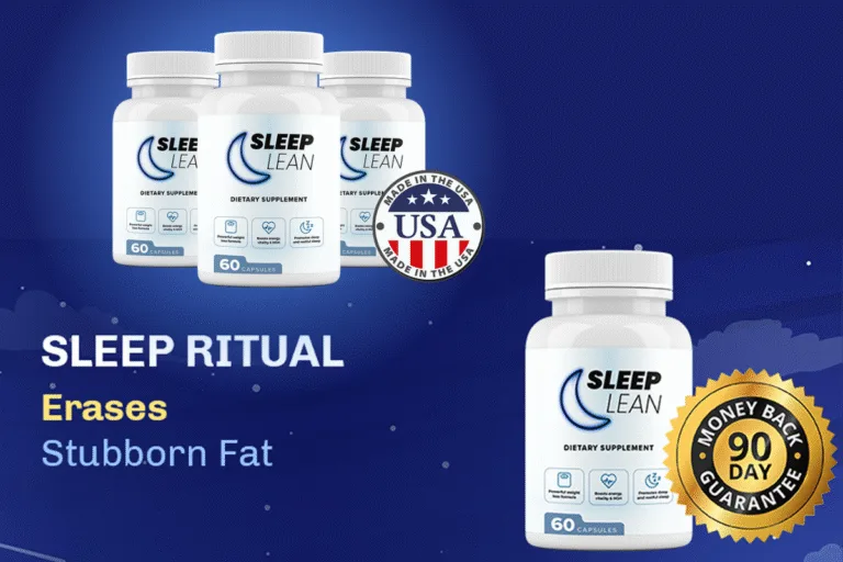 A bottle of Sleep Lean supplement capsules next to some natural leaves.